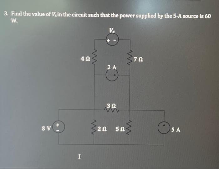 3. Find the value of V, in the circuit such that the power supplied by the 5-A source is 60
W.
8 V
4Ω
I
Vx
2 A
3Ω
ΖΩ 502
www
7Ω
15
5 A