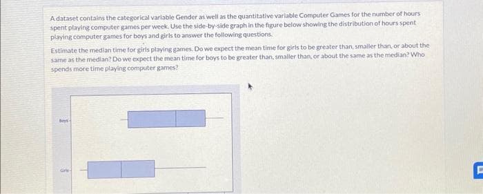 A dataset contains the categorical variable Gender as well as the quantitative variable Computer Games for the number of hours
spent playing computer games per week. Use the side-by-side graph in the figure below showing the distribution of hours spent
playing computer games for boys and girls to answer the following questions.
Estimate the median time for girls playing games. Do we expect the mean time for girls to be greater than, smaller than, or about the
same as the median? Do we expect the mean time for boys to be greater than, smaller than, or about the same as the median? Who
spends more time playing computer games?
1
F