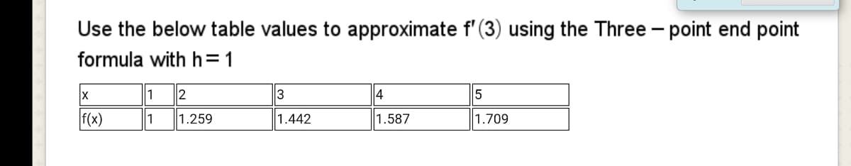 Use the below table values to approximate f'(3) using the Three - point end point
formula with h=1
1
2
3
4
f(x)
1
1.259
1.442
1.587
1.709
