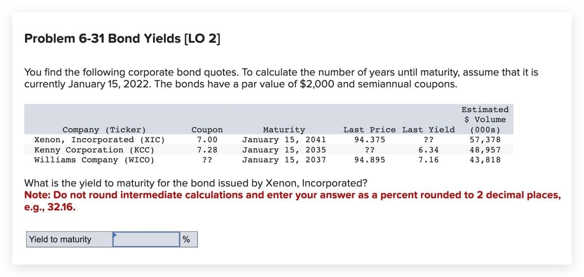 Problem 6-31 Bond Yields [LO 2]
You find the following corporate bond quotes. To calculate the number of years until maturity, assume that it is
currently January 15, 2022. The bonds have a par value of $2,000 and semiannual coupons.
Estimated
$ Volume
Company (Ticker)
Xenon, Incorporated (XIC)
Kenny Corporation (KCC)
Williams Company (WICO)
Coupon
7.00
Maturity
January 15, 2041
7.28
??
January 15, 2035
January 15, 2037
Last Price Last Yield
94.375
??
94.895
(000s)
??
6.34
57,378
48,957
7.16
43,818
What is the yield to maturity for the bond issued by Xenon, Incorporated?
Note: Do not round intermediate calculations and enter your answer as a percent rounded to 2 decimal places,
e.g., 32.16.
Yield to maturity
%