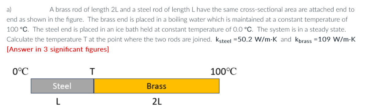 a)
A brass rod of length 2L and a steel rod of length L have the same cross-sectional area are attached end to
end as shown in the figure. The brass end is placed in a boiling water which is maintained at a constant temperature of
100 °C. The steel end is placed in an ice bath held at constant temperature of 0.0 °C. The system is in a steady state.
Calculate the temperature T at the point where the two rods are joined. Ksteel =50.2 W/m-K_and_kbrass =109 W/m-K
[Answer in 3 significant figures]
0°C
Steel
L
T
100°C
Brass
2L