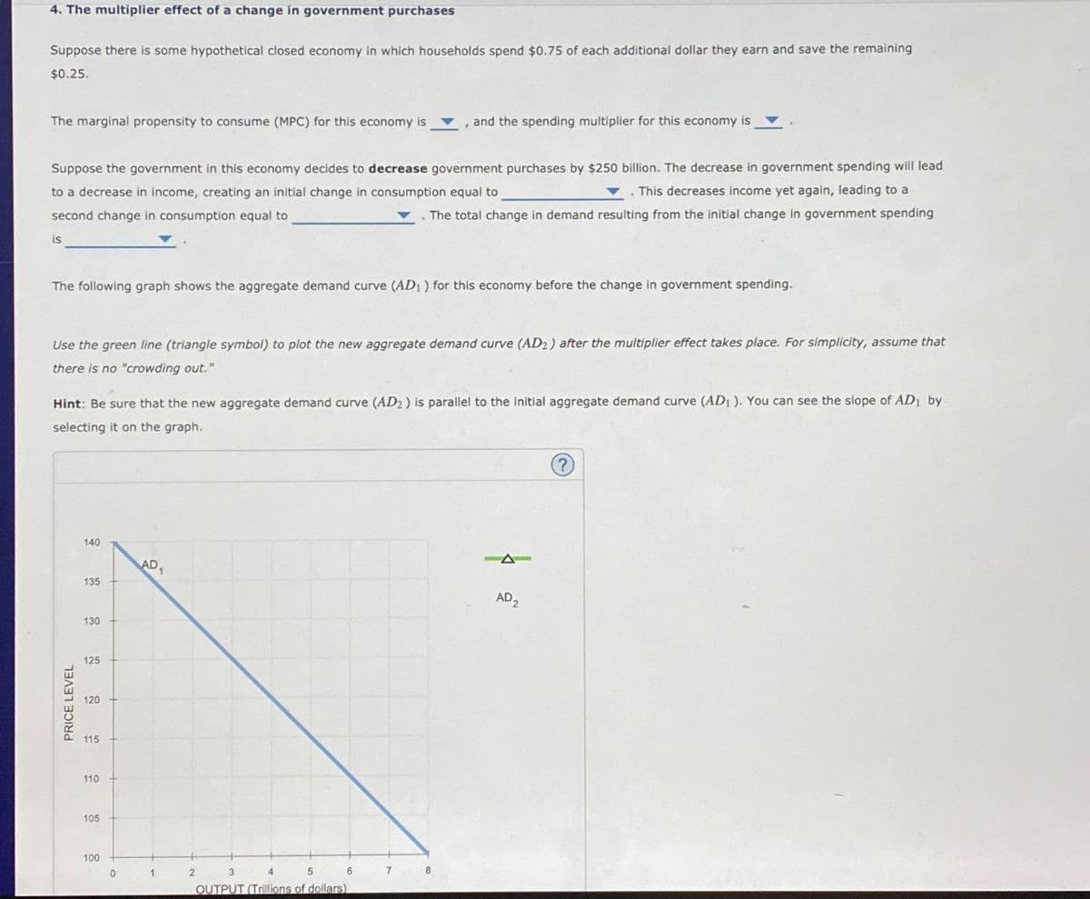 4. The multiplier effect of a change in government purchases
Suppose there is some hypothetical closed economy in which households spend $0.75 of each additional dollar they earn and save the remaining
$0.25.
The marginal propensity to consume (MPC) for this economy is
, and the spending multiplier for this economy is
Suppose the government in this economy decides to decrease government purchases by $250 billion. The decrease in government spending will lead
to a decrease in income, creating an initial change in consumption equal to
This decreases income yet again, leading to a
second change in consumption equal to
is
The total change in demand resulting from the initial change in government spending
The following graph shows the aggregate demand curve (AD₁) for this economy before the change in government spending.
Use the green line (triangle symbol) to plot the new aggregate demand curve (AD2) after the multiplier effect takes place. For simplicity, assume that
there is no "crowding out."
Hint: Be sure that the new aggregate demand curve (AD2) is parallel to the initial aggregate demand curve (ADI). You can see the slope of AD1 by
selecting it on the graph.
PRICE LEVEL
140
135
AD
130
10
125
120
115
110
105
100
0
1
2
3
4
5
OUTPUT (Trillions of dollars)
6
8
A
AD₂
(?)