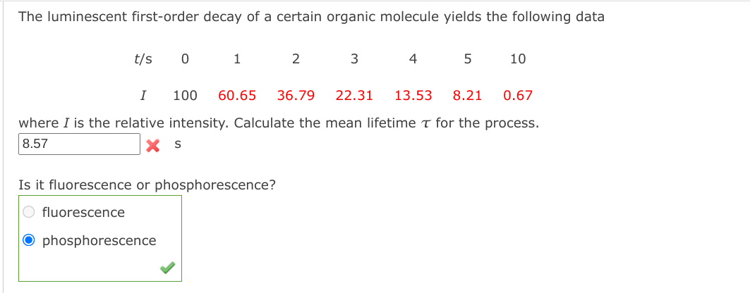 The luminescent first-order decay of a certain organic molecule yields the following data
t/s
2
3
4
10
I
100
60.65
36.79
22.31
13.53
8.21
0.67
where I is the relative intensity. Calculate the mean lifetime T for the process.
8.57
X S
Is it fluorescence or phosphorescence?
O fluorescence
O phosphorescence
