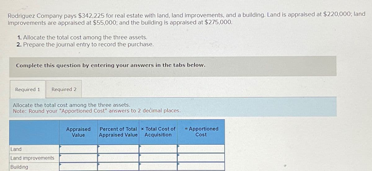 Rodriguez Company pays $342,225 for real estate with land, land improvements, and a building. Land is appraised at $220,000; land
improvements are appraised at $55,000; and the building is appraised at $275,000.
1. Allocate the total cost among the three assets.
2. Prepare the journal entry to record the purchase.
Complete this question by entering your answers in the tabs below.
Required 1 Required 2
Allocate the total cost among the three assets.
Note: Round your "Apportioned Cost" answers to 2 decimal places.
Land
Land improvements
Building
Appraised
Value
Percent of Total x Total Cost of
Appraised Value Acquisition
= Apportioned
Cost