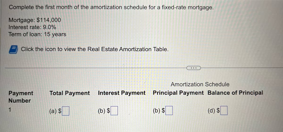 Complete the first month of the amortization schedule for a fixed-rate mortgage.
Mortgage: $114,000
Interest rate: 9.0%
Term of loan: 15 years
Click the icon to view the Real Estate Amortization Table.
Payment
Number
1
Amortization Schedule
Total Payment Interest Payment Principal Payment Balance of Principal
(b) $
(d) $
(a) $
(b) $