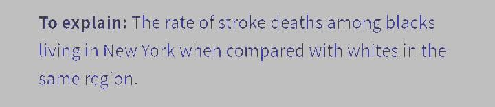 To explain: The rate of stroke deaths among blacks
living in New York when compared with whites in the
same region.
