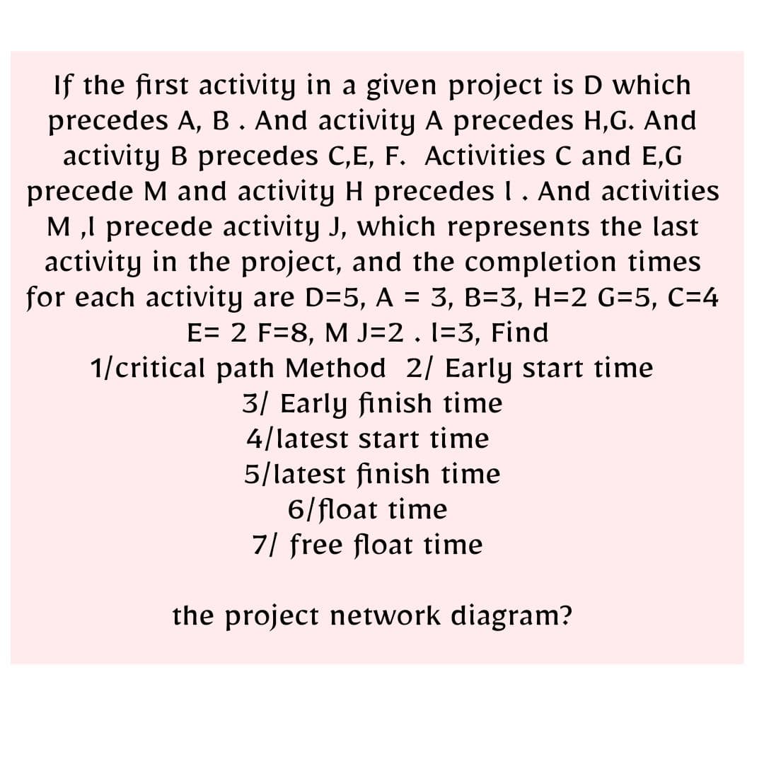 If the first activity in a given project is D which
precedes A, B. And activity A precedes H,G. And
activity B precedes C,E, F. Activities C and E,G
precede M and activity H precedes I. And activities
M,I precede activity J, which represents the last
activity in the project, and the completion times
for each activity are D=5, A = 3, B=3, H=2 G=5, C=4
E= 2 F=8, M J=2 . 1-3, Find
1/critical path Method 2/ Early start time
3/ Early finish time
4/latest start time
5/latest finish time
6/float time
7/ free float time
the project network diagram?