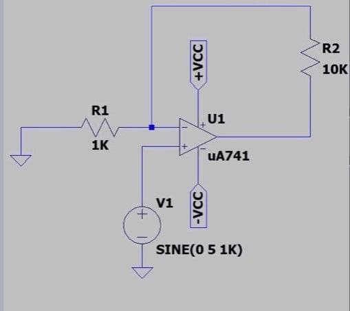 R1
1K
+
V1
+VCC
-VCC
U1
uA741
SINE(0 5 1K)
R2
10K