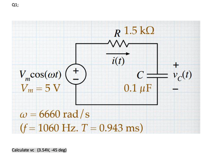 Q1;
Vcos(wt)
Vm=5V
1 +
Calculate vc (3.54V, -45 deg)
R 1.5 KQ
ΚΩ
ww
i(t)
C:
0.1 μF
w=6660 rad/s
(f=1060 Hz. T = 0.943 ms)
+
vc(t)
I