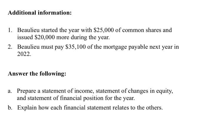 Additional information:
1. Beaulieu started the year with $25,000 of common shares and
issued $20,000 more during the year.
2. Beaulieu must pay $35,100 of the mortgage payable next year in
2022.
Answer the following:
a. Prepare a statement of income, statement of changes in equity,
and statement of financial position for the year.
b. Explain how each financial statement relates to the others.