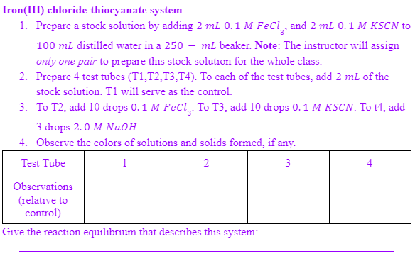 Iron(III) chloride-thiocyanate system
1. Prepare a stock solution by adding 2 mL 0.1 M FeCi̟ and 2 ml 0.1 M KSCN to
100 ml distilled water in a 250 – mL beaker. Note: The instructor will assign
only one pair to prepare this stock solution for the whole class.
2. Prepare 4 test tubes (T1,T2,T3,T4). To each of the test tubes, add 2 ml of the
stock solution. T1 will serve as the control.
3. To T2, add 10 drops 0.1 M FeCl, To T3, add 10 drops 0.1 M KSCN. To t4, add
3 drops 2.0 M NaOH.
4. Observe the colors of solutions and solids formed, if any.
Test Tube
1
2
3
4
Observations
(relative to
control)
Give the reaction equilibrium that describes this system:
