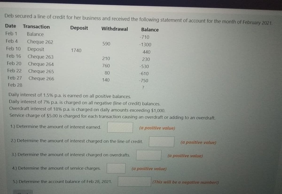 Deb secured a line of credit for her business and received the following statement of account for the month of February 2021.
Date
Transaction
Deposit
Withdrawal
Balance
Feb 1
Balance
-710
Feb 4
Cheque 262
590
-1300
Feb 10
Deposit
1740
440
Feb 16
Cheque 263
210
230
Feb 20
Cheque 264
760
-530
Feb 22
Cheque 265
80
-610
Feb 27
Cheque 266
140
-750
Feb 28
Daily interest of 1.5% p.a. is earned on all positive balances.
Daily interest of 7% p.a. is charged on all negative (line of credit) balances.
Overdraft interest of 18% p.a. is charged on daily amounts exceeding $1,000.
Service charge of $5.00 is charged for each transaction causing an overdraft or adding to an overdraft.
1.) Determine the amount of interest earned.
(a positive value)
2.) Determine the amount of interest charged on the line of credit.
(a positive value)
3.) Determine the amount of interest charged on overdrafts.
(a positive value)
4.) Determine the amount of service charges.
(a positive value)
5.) Determine the account balance of Feb 28, 2021.
(This will be a negative number!)
