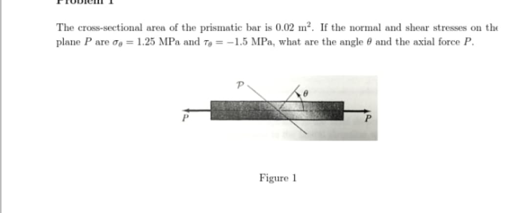 The cross-sectional area of the prismatic bar is 0.02 m². If the normal and shear stresses on the
plane P are d = 1.25 MPa and Te = -1.5 MPa, what are the angle and the axial force P.
Figure 1