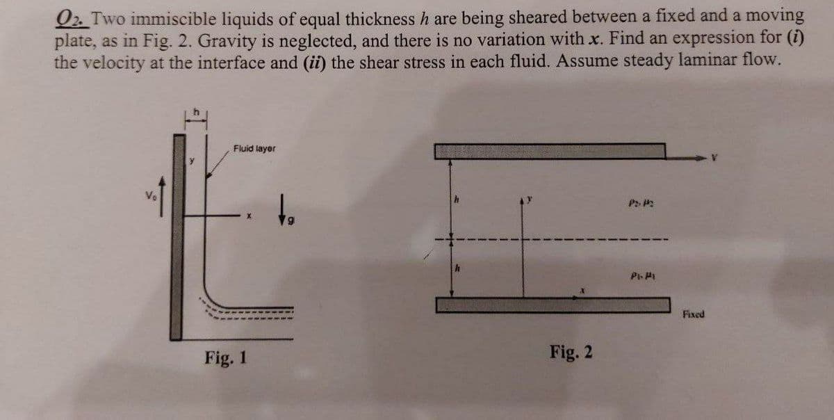 O2. Two immiscible liquids of equal thickness h are being sheared between a fixed and a moving
plate, as in Fig. 2. Gravity is neglected, and there is no variation with x. Find an expression for (i)
the velocity at the interface and (ii) the shear stress in each fluid. Assume steady laminar flow.
Fluid layer
Fixed
Fig. 1
Fig. 2
