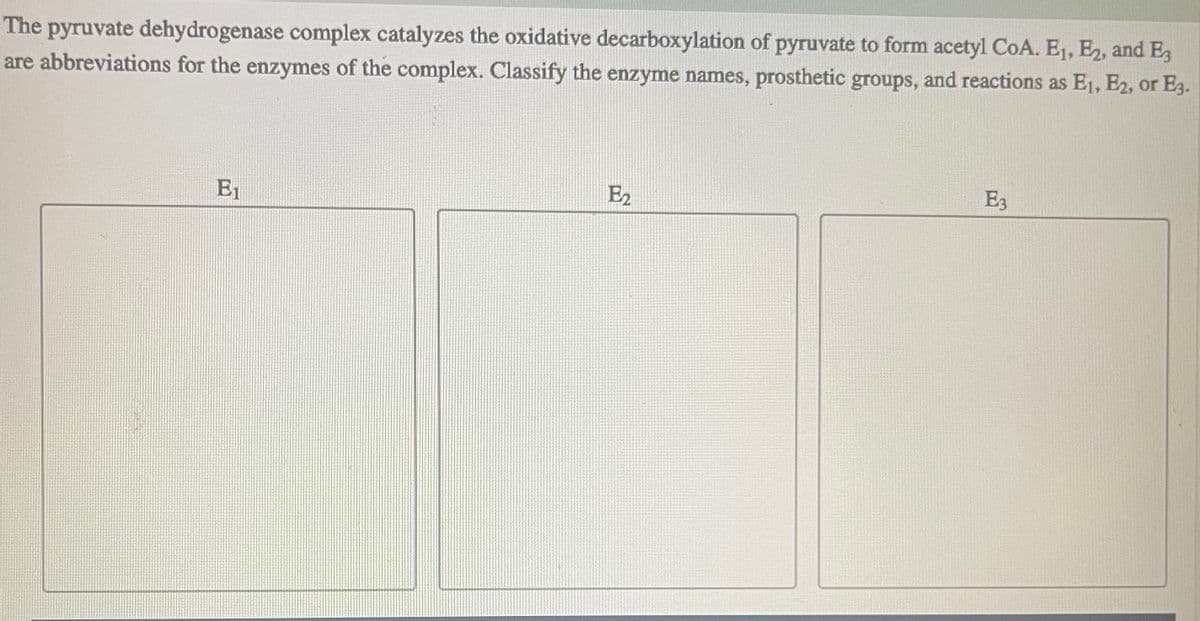 The pyruvate dehydrogenase complex catalyzes the oxidative decarboxylation of pyruvate to form acetyl CoA. E₁, E2, and E3
are abbreviations for the enzymes of the complex. Classify the enzyme names, prosthetic groups, and reactions as E₁, E2, or E3.
E₁
E₂
E3