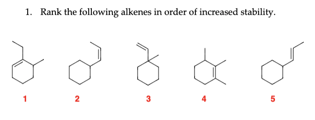 1. Rank the following alkenes in order of increased stability.
2
3
5
