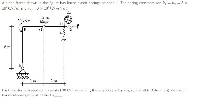 A plane frame shown in the figure has linear elastic springs at node H. The spring constants are ka = ky = 5 x
10°KN/m and ka = 3 x 10°kNm/rad.
%3D
ko
Internal
30 kNm
hinge
H
F
G
k.
6 m
E
3 m
3 m
For the externally applied moment of 30 kNm at node F, the rotation (in degrees, round off to 3 decimals) observed in
the rotational spring at node H is
