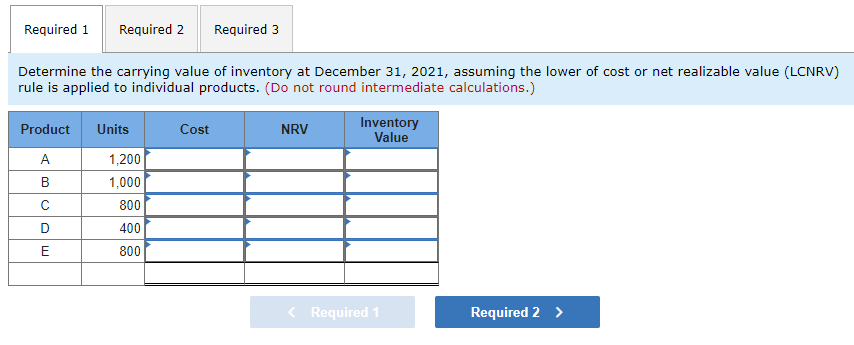 Required 1
Required 2
Required 3
Determine the carrying value of inventory at December 31, 2021, assuming the lower of cost or net realizable value (LCNRV)
rule is applied to individual products. (Do not round intermediate calculations.)
Inventory
Value
Product
Units
Cost
NRV
A
1,200
1,000
800
D
400
E
800
< Required 1
Required 2 >
B.
