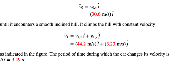 Vo =
Vox i
= (30.6 m/s) i
until it encounters a smooth inclined hill. It climbs the hill with constant velocity
V₁ = V₁₁x + V₁yĴ
= (44.2 m/s)i + (3.23 m/s)ĵ
as indicated in the figure. The period of time during which the car changes its velocity is
At = 3.49 s.