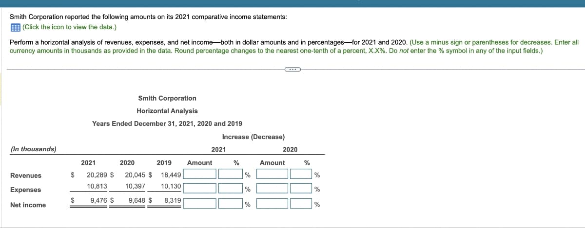 Smith Corporation reported the following amounts on its 2021 comparative income statements:
(Click the icon to view the data.)
Perform a horizontal analysis of revenues, expenses, and net income-both in dollar amounts and in percentages-for 2021 and 2020. (Use a minus sign or parentheses for decreases. Enter all
currency amounts in thousands as provided in the data. Round percentage changes to the nearest one-tenth of a percent, X.X%. Do not enter the % symbol in any of the input fields.)
(In thousands)
Revenues
Expenses
Net income
$
$
Smith Corporation
Horizontal Analysis
Years Ended December 31, 2021, 2020 and 2019
2021
20,289 $
10,813
2020
20,045 $ 18,449
10,397
10,130
8,319
2019
9,476 $ 9,648 $
2021
Amount
Increase (Decrease)
%
%
%
C...
%
2020
Amount
%
%
%
%