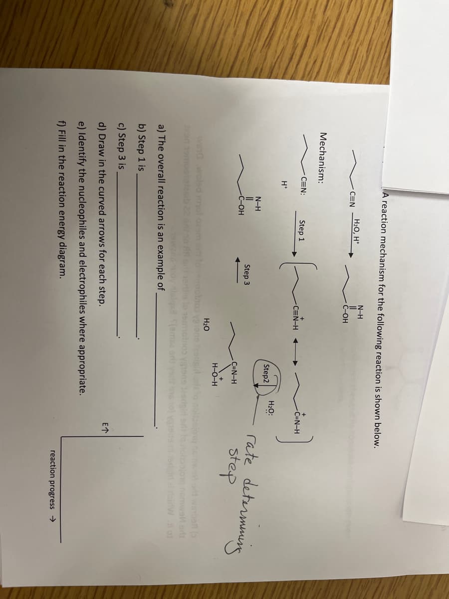 Mechanism:
A reaction mechanism for the following reaction is shown below.
H+
CEN
CEN:
N-H
||
-C-OH
H₂O, H*
Step 1
wand woled mot ozsm
E
Step 3
N-H
C-OH
C=N-H
Step2
C=N-H
H-O-H
H₂O
motno vgiene fesrigid onlt to
smotnos
-C=N-H
a) The overall reaction is an example of
b) Step 1 is
c) Step 3 is
d) Draw in the curved arrows for each step.
e) Identify the nucleophiles and electrophiles where appropriate.
f) Fill in the reaction energy diagram.
H₂O:
rate determining
step
to noipojovo hamwell sit
5(emise erit voittons 10) vanas mi sdgin al rainW di of
E^
reaction progress →