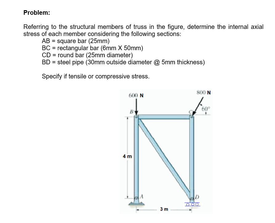 Problem:
Referring to the structural members of truss in the figure, determine the internal axial
stress of each member considering the following sections:
AB = square bar (25mm)
BC = rectangular bar (6mm X 50mm)
CD = round bar (25mm diameter)
BD = steel pipe (30mm outside diameter @ 5mm thickness)
Specify if tensile or compressive stress.
800 N
600 N
60°
B
4 m
3 m
