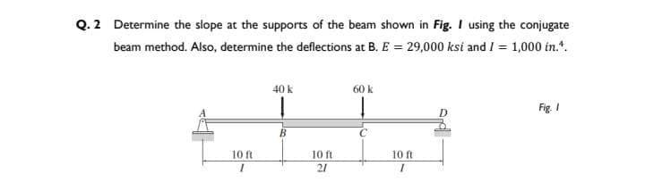 Q. 2 Determine the slope at the supports of the beam shown in Fig. I using the conjugate
beam method. Also, determine the deflections at B. E = 29,000 ksi and I = 1,000 in.¹.
10 ft
I
40 k
B
10 ft
21
60 k
10 ft
I
Fig. 1