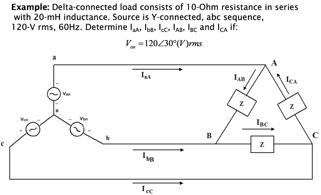 с
Example: Delta-connected load consists of 10-Ohm resistance in series
with 20-mH inductance. Source is Y-connected, abc sequence,
120-V rms, 60Hz. Determine laa, Ibb, Icc, lab, Ibc and ICA if:
Van = 120/30°(V)rms
Vcn
a
Van
Vbn
b
IaA
IbB
I cc
B
IAB
N
IBC
Z
A
ICA
C