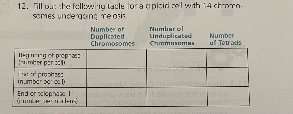 12. Fill out the following table for a diploid cell with 14 chromo-
somes undergoing meiosis.
Beginning of prophase I
(number per cell)
End of prophase I
(number per cell) no
Number of
Duplicated
Chromosomes
Number of
Unduplicated
Chromosomes
Number
of Tetrads
JebnM100g
to atris
End of telophase II o agibning piasd en beleever (zilerop to
(number per nucleus)
-