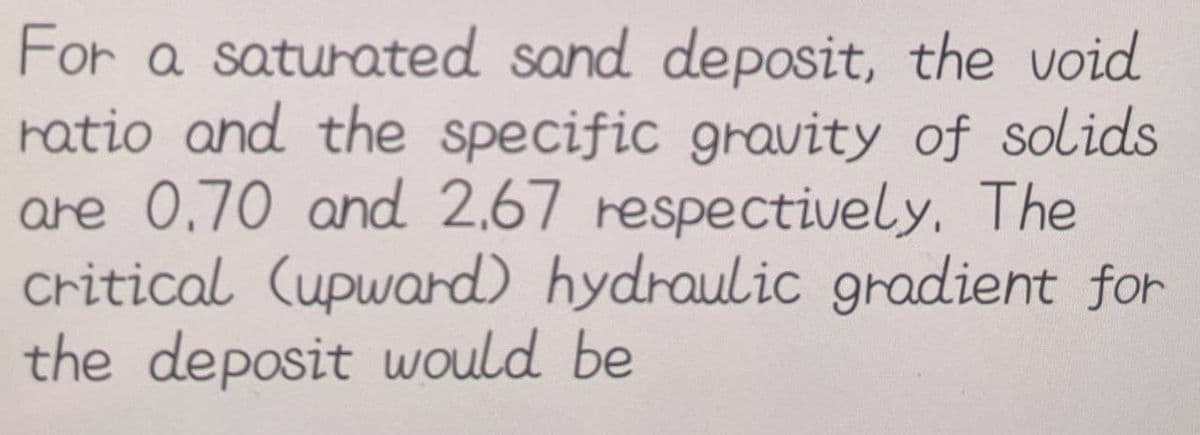 For a saturated sand deposit, the void
ratio and the specific gravity of solids
are 0.70 and 2,67 respectively. The
critical (upward) hydraulic gradient for
the deposit would be