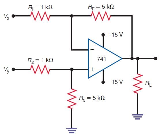 R,= 1 kΩ
RE = 5 kN
+15 V
R, = 1 kN
741
- 15 V
RL
R3 = 5 kN
