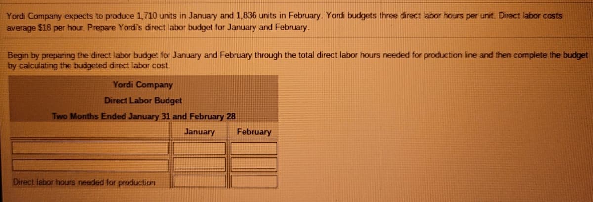 Yordi Company expects to produce 1,710 units in January and 1,836 units in February. Yordi budgets three direct labor hours per unit. Direct labor costs
average $18 per hour. Prepare Yordi's direct labor budget for January and February.
Begin by preparing the direct labor budget for January and February through the total direct labor hours needed for production line and then complete the budget
by calculating the budgeted direct labor cost.
Yordi Company
Direct Labor Budget
Two Months Ended January 31 and February 28
January
February
Direct labor hours needed for production
