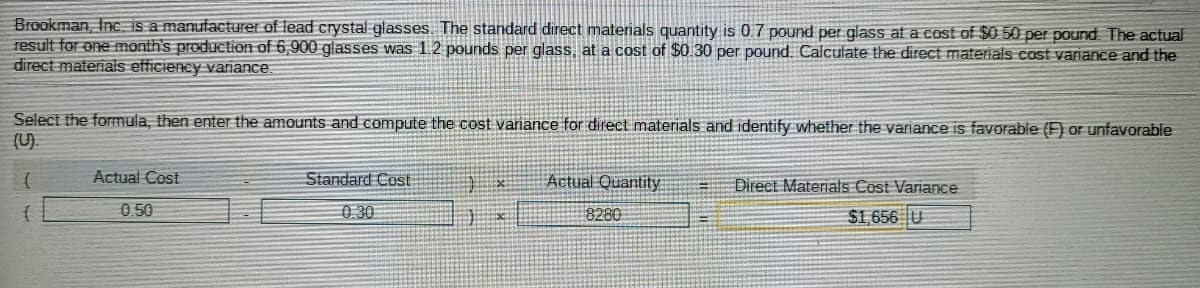 Brookman, Inc. is a manufacturer of lead crystal glasses. The standard direct materials quantity is 0.7 pound per glass at a cost of $0 50 per pound The actual
result for one month's production of 6,900 glasses was 1.2 pounds per glass, at a cost of $0.30 per pound. Calculate the direct materials cost variance and the
direct materials efficiency variance.
Select the formula, then enter the amounts and compute the cost variance for direct materials and identify whether the variance is favorable (F) or unfavorable
(U).
Actual Cost
Standard Cost
Actual Quantity
Direct Materials Cost Variance
0.50
0.30
8280
$1,656 U

