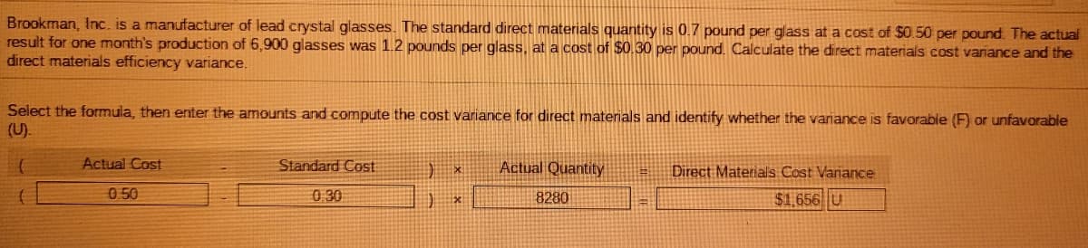 Brookman, Inc. is a manufacturer of lead crystal glasses. The standard direct materials quantity is 0.7 pound per glass at a cost of $0.50 per pound. The actual
result for one month's production of 6,900 glasses was 1.2 pounds per glass, at a cost of $0.30 per pound. Calculate the direct materials cost variance and the
direct materials efficiency variance.
Select the formula, then enter the amounts and compute the cost variance for direct materials and identify whether the variance is favorable (F) or unfavorable
(U).
Actual Cost
Standard Cost
Actual Quantity
Direct Materials Cost Variance
0 50
0.30
$1,656 U
Ex
8280
