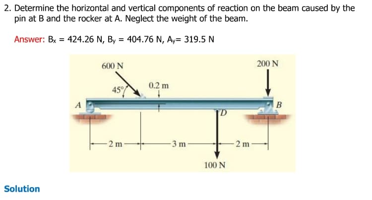 2. Determine the horizontal and vertical components of reaction on the beam caused by the
pin at B and the rocker at A. Neglect the weight of the beam.
Answer: Bx = 424.26 N, By = 404.76 N, Ay= 319.5 N
Solution
A
600 N
45%
-2 m
0.2 m
3 m
100 N
-2 m
200 N
B