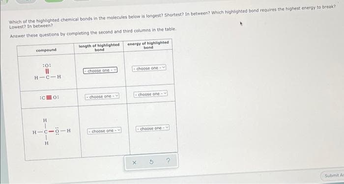 Which of the highlighted chemical bonds in the molecules below is longest? Shortest? In between? Which highlighted bond requires the highest energy to break?
Lowest? In between?
Answer these questions by completing the second and third columns in the table.
length of highlighted
bond
energy of highlighted
bond
compound
:0:
choose one-
choose one
H-C-H
:CE0:
-choose one
- choose one
H-C-0-H
choose one -
choose one
H.
Submit A
HIC
