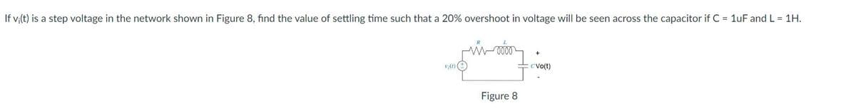 If v;(t) is a step voltage in the network shown in Figure 8, find the value of settling time such that a 20% overshoot in voltage will be seen across the capacitor if C = 1uF and L = 1H.
CVo(t)
Figure 8
