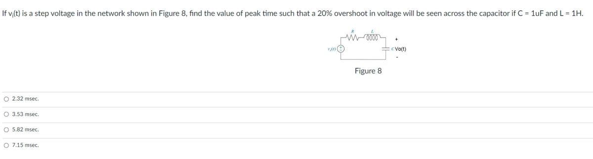 If v,(t) is a step voltage in the network shown in Figure 8, find the value of peak time such that a 20% overshoot in voltage will be seen across the capacitor if C = 1uF and L = 1H.
R
v,(t) (
CVo(t)
Figure 8
O 2.32 msec.
O 3.53 msec.
O 5.82 msec.
O 7.15 msec.
