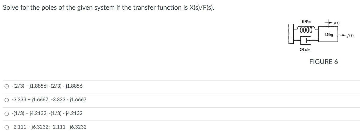 Solve for the poles of the given system if the transfer function is X(s)/F(s).
6 N/m
1.5 kg
+ f(1)
2N-s/m
FIGURE 6
O (2/3) + j1.8856; -(2/3) - j1.8856
O -3.333 + j1.6667; -3.333 - j1.6667
O (1/3) + j4.2132; -(1/3) - j4.2132
O -2.111 + j6.3232; -2.111 - jó.3232
