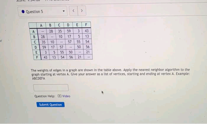 Question 5
A
B.
D
28
35
59
43
28
10
17
13
of
35
10
57
55
54
59
17
57
50
56
55
54 56 21
50
21
F
43
13
The weights of edges in a graph are shown in the table above. Apply the nearest neighbor algorithm to the
graph starting at vertex A. Give your answer as a list of vertices, starting and ending at vertex A. Example:
ABCDEFA
Question Help: D Video
Submit Question
E.

