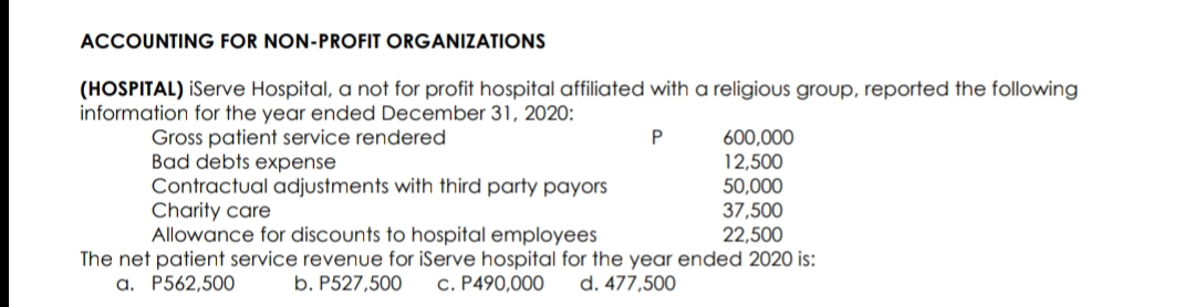 ACCOUNTING FOR NON-PROFIT ORGANIZATIONS
(HOSPITAL) iServe Hospital, a not for profit hospital affiliated with a religious group, reported the following
information for the year ended December 31, 2020:
600,000
12,500
50,000
37,500
22,500
The net patient service revenue for iServe hospital for the year ended 2020 is:
Gross patient service rendered
Bad debts expense
Contractual adjustments with third party payors
Charity care
Allowance for discounts to hospital employees
P
a. P562,500
b. P527,500
c. P490,000
d. 477,500
