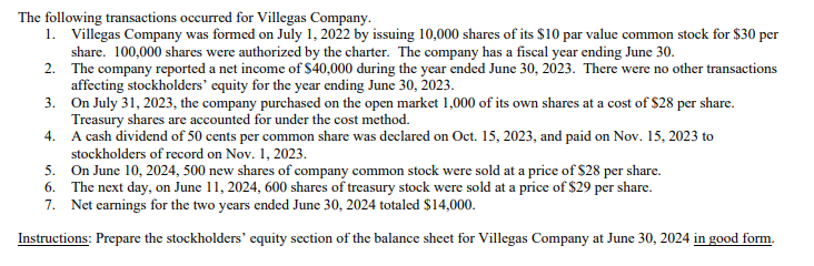 The following transactions occurred for Villegas Company.
1. Villegas Company was formed on July 1, 2022 by issuing 10,000 shares of its $10 par value common stock for $30 per
share. 100,000 shares were authorized by the charter. The company has a fiscal year ending June 30.
2. The company reported a net income of $40,000 during the year ended June 30, 2023. There were no other transactions
affecting stockholders' equity for the year ending June 30, 2023.
3. On July 31, 2023, the company purchased on the open market 1,000 of its own shares at a cost of $28 per share.
Treasury shares are accounted for under the cost method.
4. A cash dividend of 50 cents per common share was declared on Oct. 15, 2023, and paid on Nov. 15, 2023 to
stockholders of record on Nov. 1, 2023.
5. On June 10, 2024, 500 new shares of company common stock were sold at a price of $28 per share.
6. The next day, on June 11, 2024, 600 shares of treasury stock were sold at a price of $29 per share.
7. Net earnings for the two years ended June 30, 2024 totaled $14,000.
Instructions: Prepare the stockholders' equity section of the balance sheet for Villegas Company at June 30, 2024 in good form.