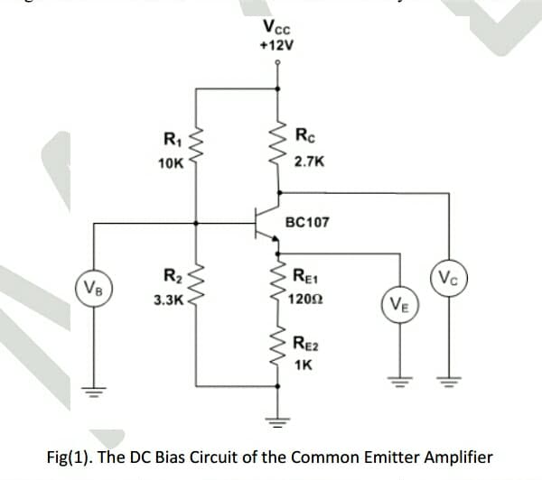 Vcc
+12V
Rc
R,
2.7K
10K
BC107
RE1
1202
R2
Vc
VB
VE
3.3К
RE2
1K
Fig(1). The DC Bias Circuit of the Common Emitter Amplifier
