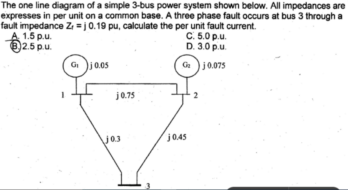 The one line diagram of a simple 3-bus power system shown below. All impedances are
expresses in per unit on a common base. A three phase fault occurs at bus 3 through a
fault impedance Z =j 0.19 pu, calculate the per unit fault current.
A. 1.5 p.u.
B.2.5 p.u.
G₁
j 0.05
j0.75
j 0.3
3
C. 5.0 p.u.
D. 3.0 p.u.
G₂ j 0.075
j0.45
2