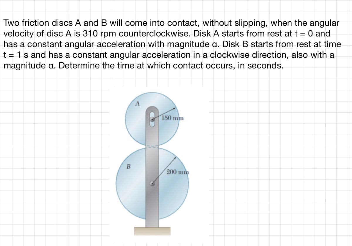 Two friction discs A and B will come into contact, without slipping, when the angular
velocity of disc A is 310 rpm counterclockwise. Disk A starts from rest at t = 0 and
has a constant angular acceleration with magnitude a. Disk B starts from rest at time
t = 1 s and has a constant angular acceleration in a clockwise direction, also with a
magnitude a. Determine the time at which contact occurs, in seconds.
B
150 mm
200 mm