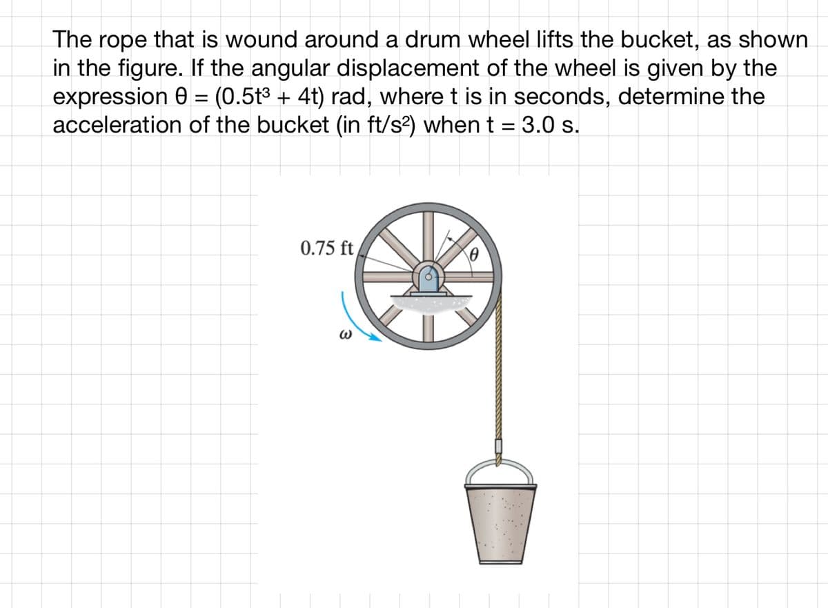The rope that is wound around a drum wheel lifts the bucket, as shown
in the figure. If the angular displacement of the wheel is given by the
expression 0 = (0.5t³ + 4t) rad, where t is in seconds, determine the
acceleration of the bucket (in ft/s²) when t = 3.0 s.
0.75 ft