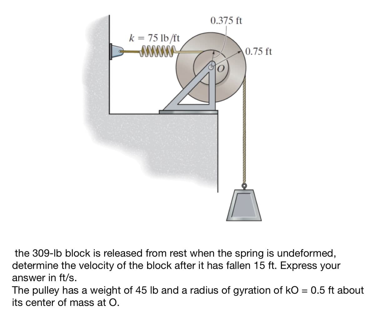 k = 75 lb/ft
www
0.375 ft
0.75 ft
the 309-lb block is released from rest when the spring is undeformed,
determine the velocity of the block after it has fallen 15 ft. Express your
answer in ft/s.
The pulley has a weight of 45 lb and a radius of gyration of kO = 0.5 ft about
its center of mass at O.