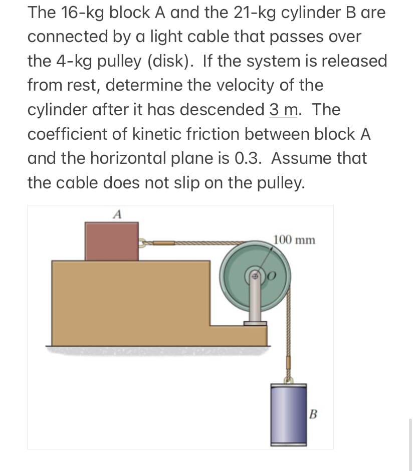 The 16-kg block A and the 21-kg cylinder B are
connected by a light cable that passes over
the 4-kg pulley (disk). If the system is released
from rest, determine the velocity of the
cylinder after it has descended 3 m. The
coefficient of kinetic friction between block A
and the horizontal plane is 0.3. Assume that
the cable does not slip on the pulley.
A
100 mm
B