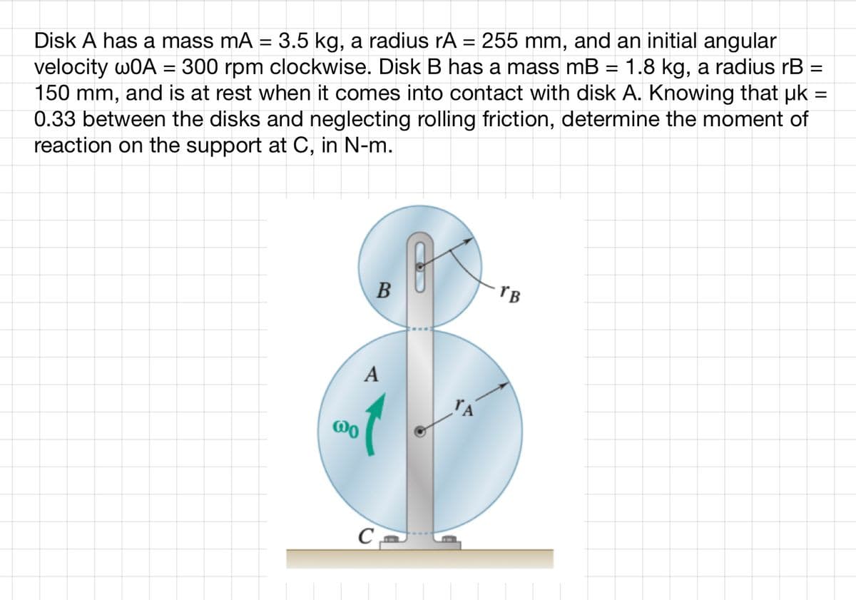 Disk A has a mass mA = 3.5 kg, a radius rA = 255 mm, and an initial angular
velocity wOA = 300 rpm clockwise. Disk B has a mass mB = 1.8 kg, a radius rB =
150 mm, and is at rest when it comes into contact with disk A. Knowing that µk :
0.33 between the disks and neglecting rolling friction, determine the moment of
reaction on the support at C, in N-m.
=
00
B
A
C
TA
TB
