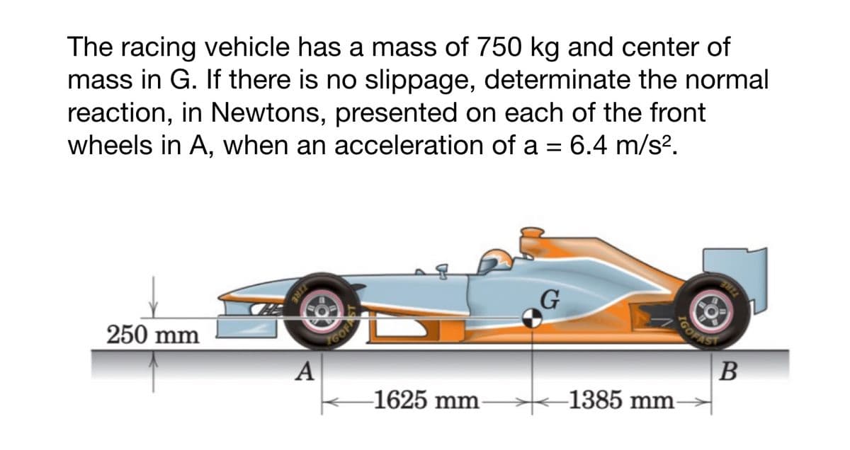 The racing vehicle has a mass of 750 kg and center of
mass in G. If there is no slippage, determinate the normal
reaction, in Newtons, presented on each of the front
wheels in A, when an acceleration of a = 6.4 m/s².
250 mm
TIRE
A
GOFF
1625 mm
G
1385 mm
GOFAS
B